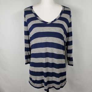 New York & Co. Navy and Gray Striped V Neck Top